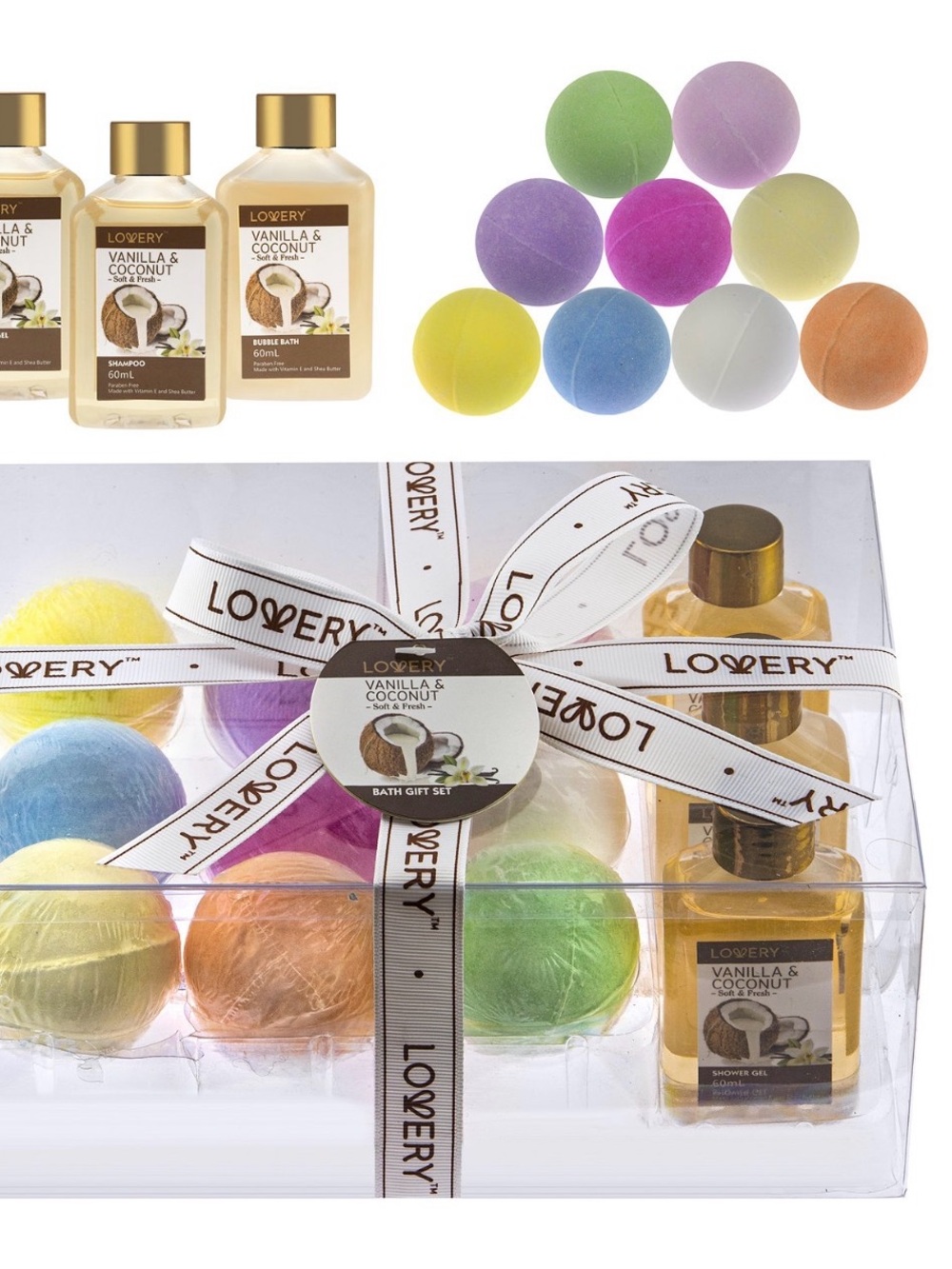 Love Vanilla & Coconut Bath Set with Multicolored Bath Bombs